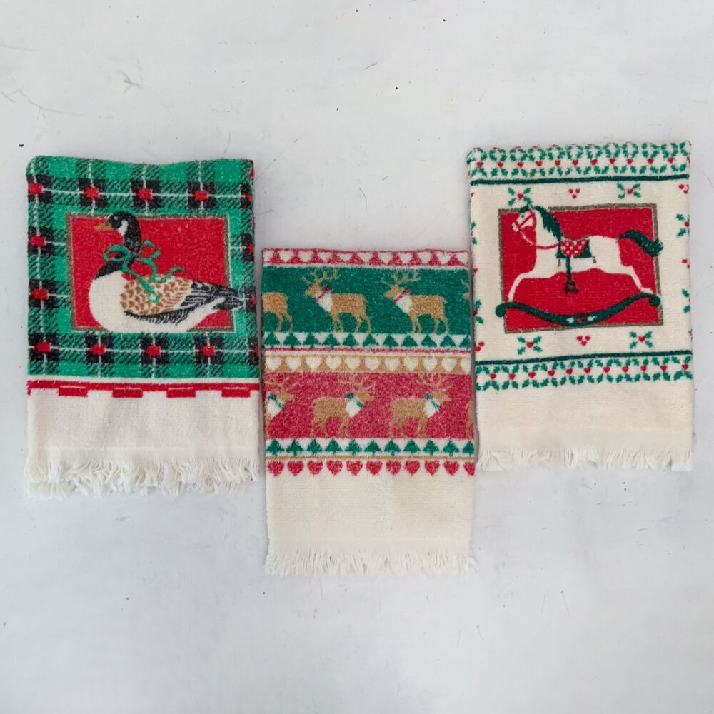 VTG Double Sided Hand Towels Set of 3 Christmas Duck Reindeer Rocking Horse